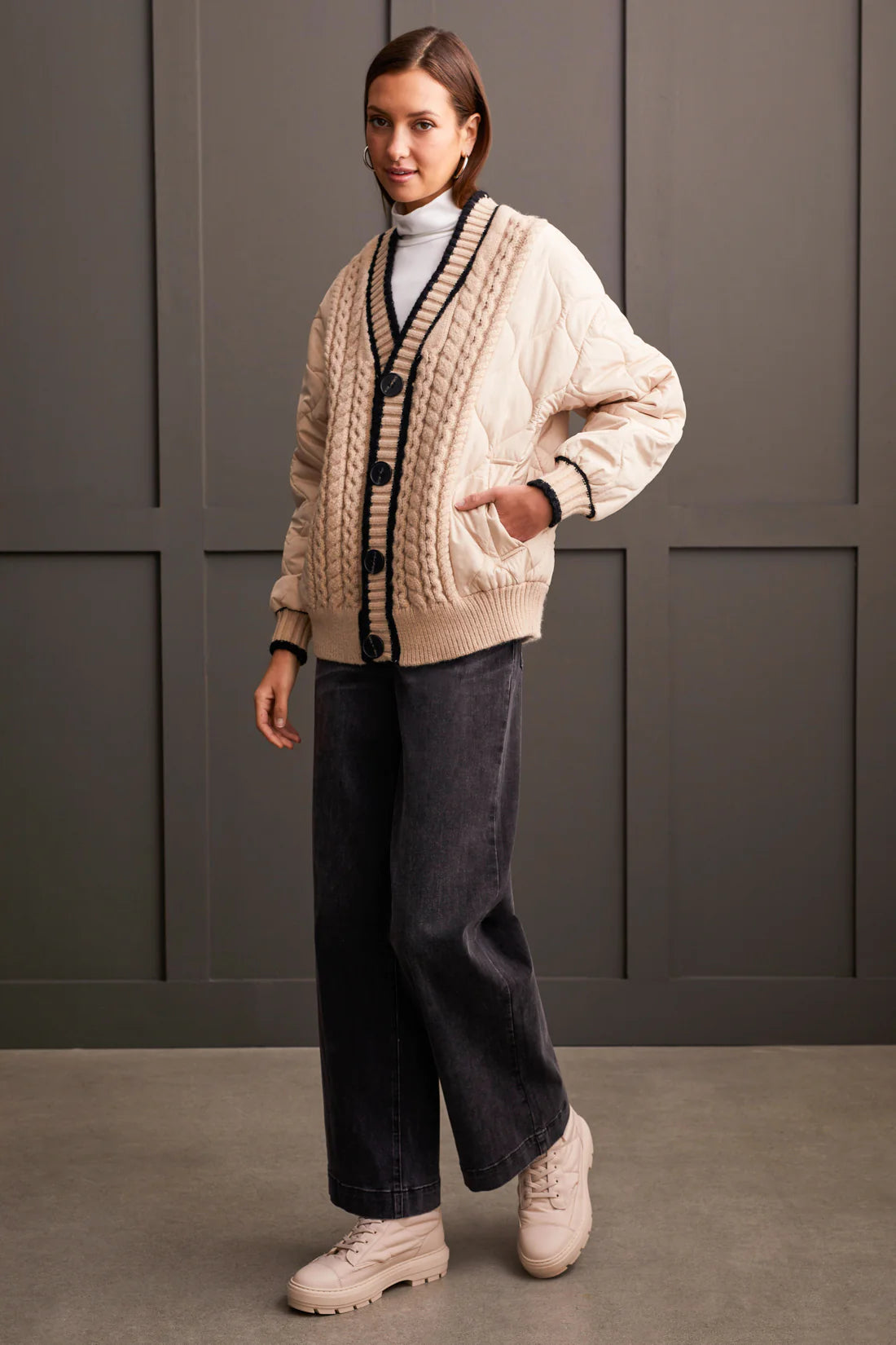 QUILTED CARDIGAN WITH SWEATER DETAIL