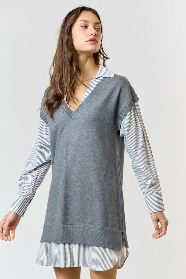 Sweater Vest Striped Shirt Dress Combo - Main Image
