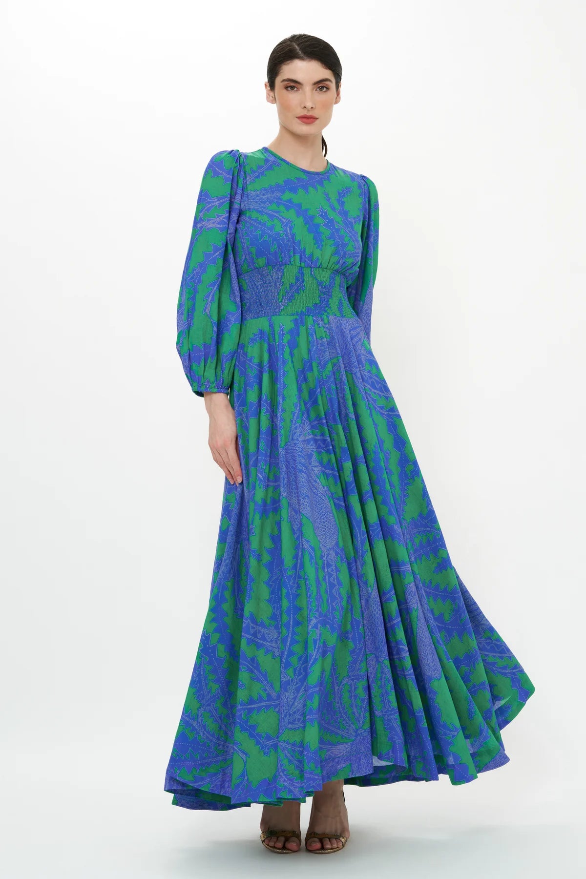 Crew neck smocked waist maxi