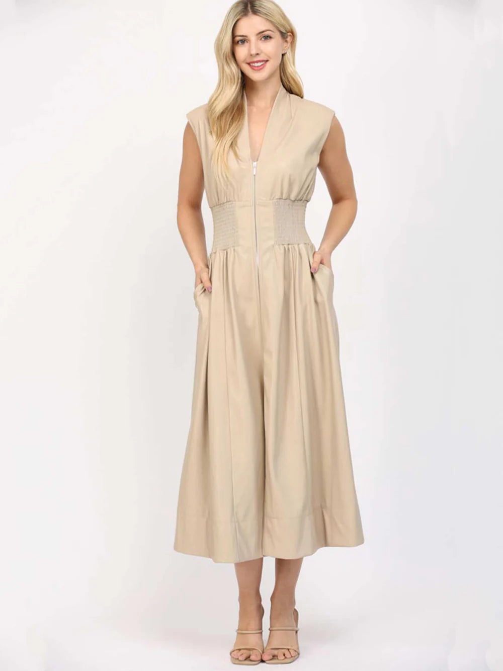 Smocked waist leather dress