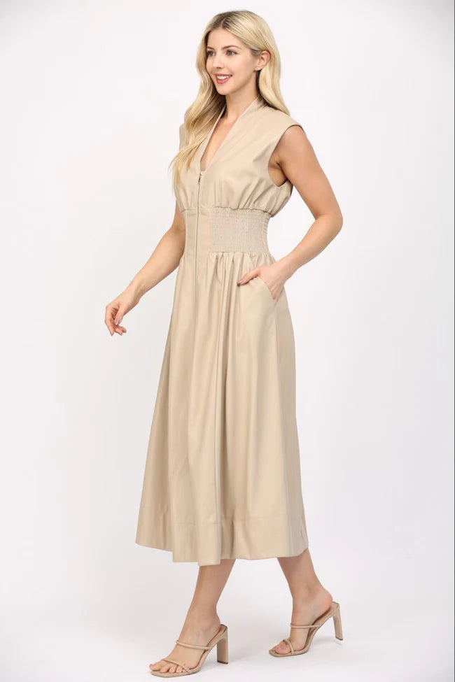 Smocked waist leather dress