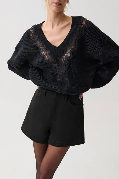 Saige High Rise A-Line Short - Black Sateen