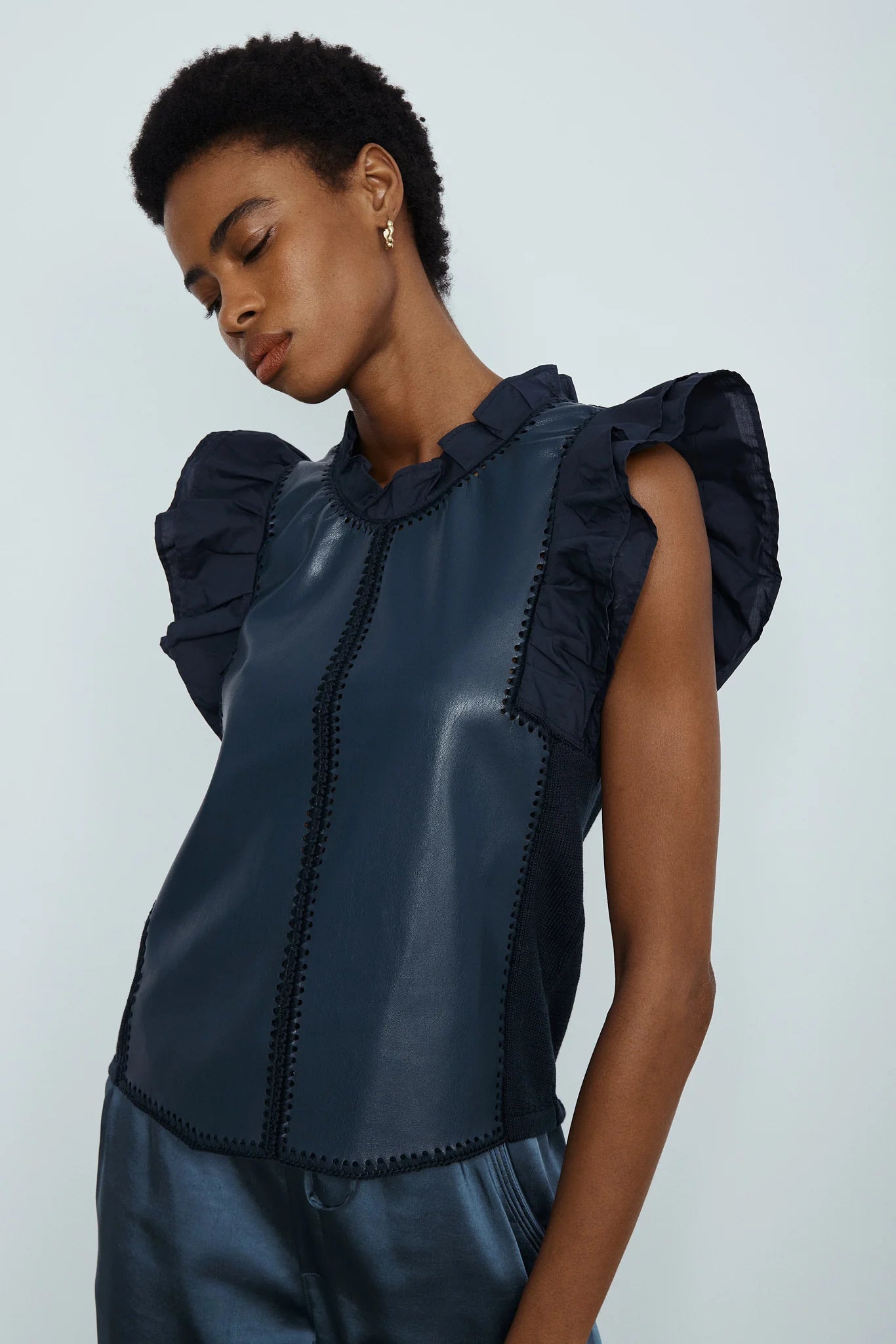 RIDER CROCHET FAUX LEATHER TOP WITH FRILLS - MELISSA NEPTON