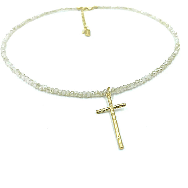 Prayer Cross on Winter White Shimmer Necklace