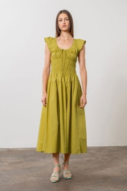 ruffle sleeve shirred midi dress