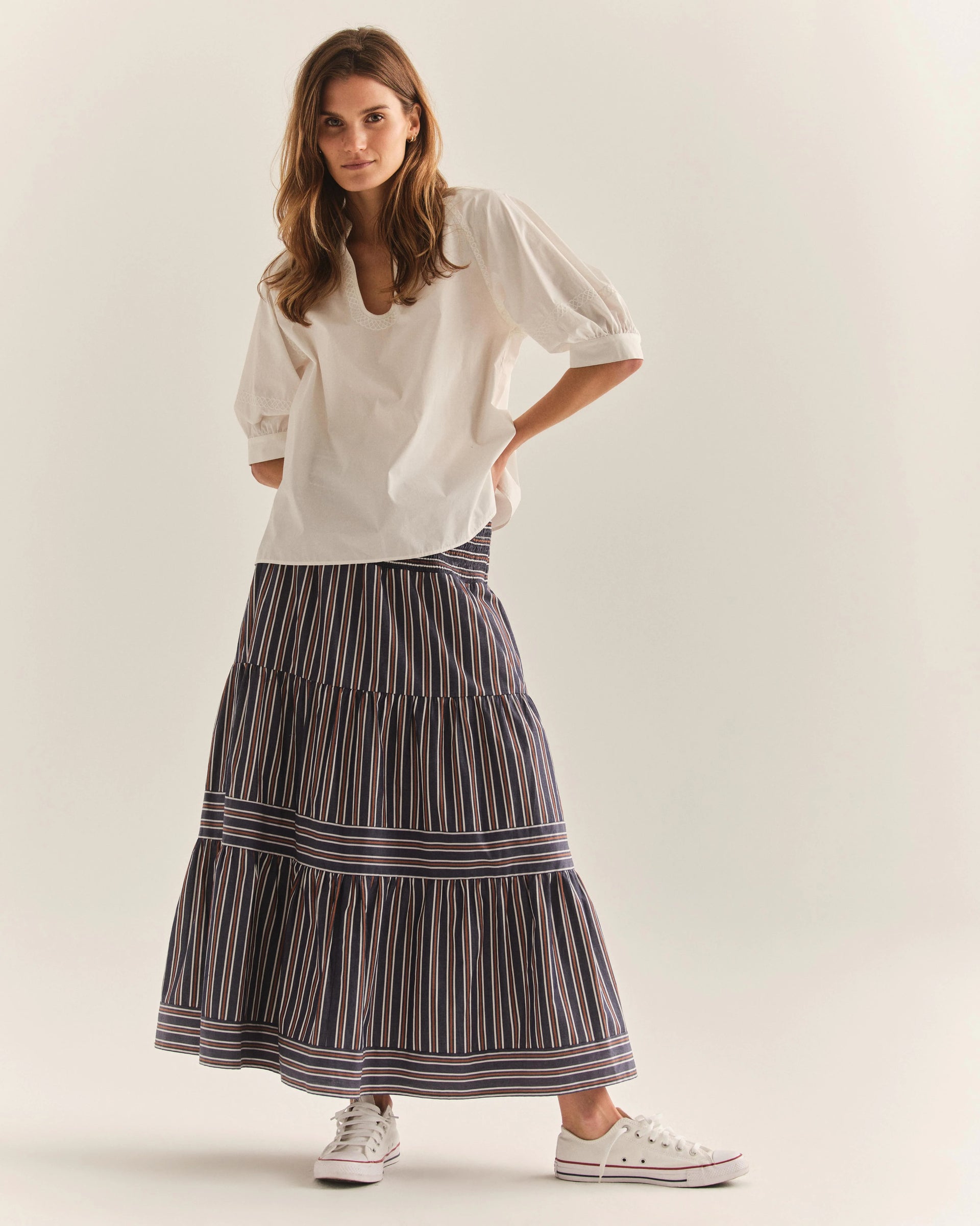 Kylie Midi Skirt-Cartolina Navy Stripe – OLIVIA RAE