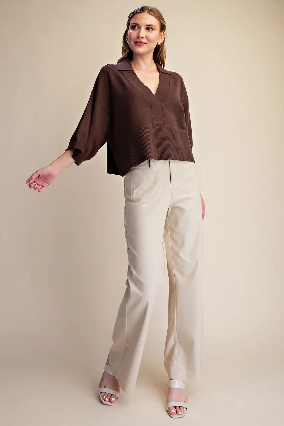 Collar V-Neck Dropped Shoulder Sweater