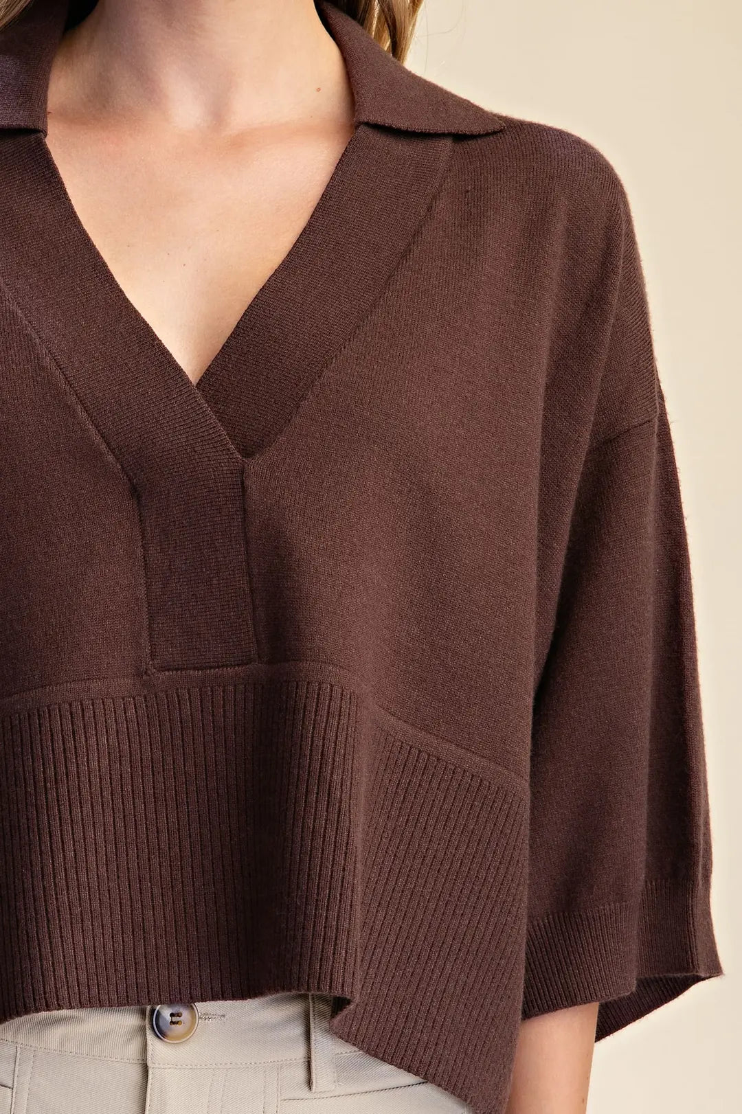 Collar V-Neck Dropped Shoulder Sweater