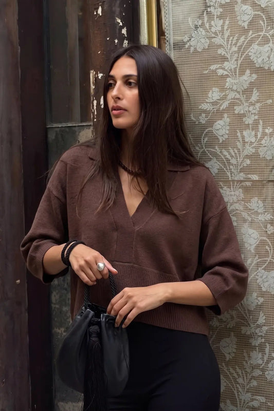 Collar V-Neck Dropped Shoulder Sweater