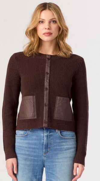 J SOCIETY-Nylon 2 Pocket Button Shaker Cardi Chocolate