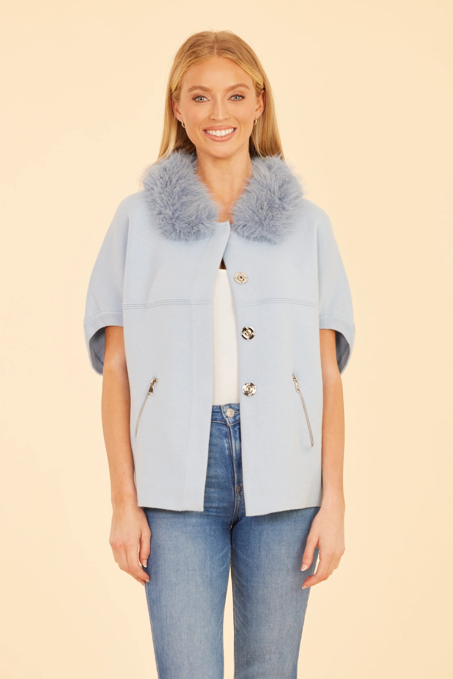 Faux Fur Trim Cardigan Baby Blue