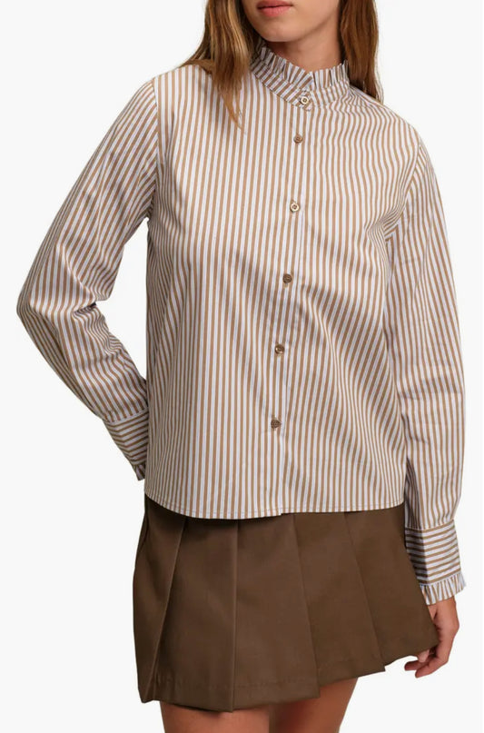 Oscar Ruffle Trim Stripe Cotton Blend Button-Up Shirt