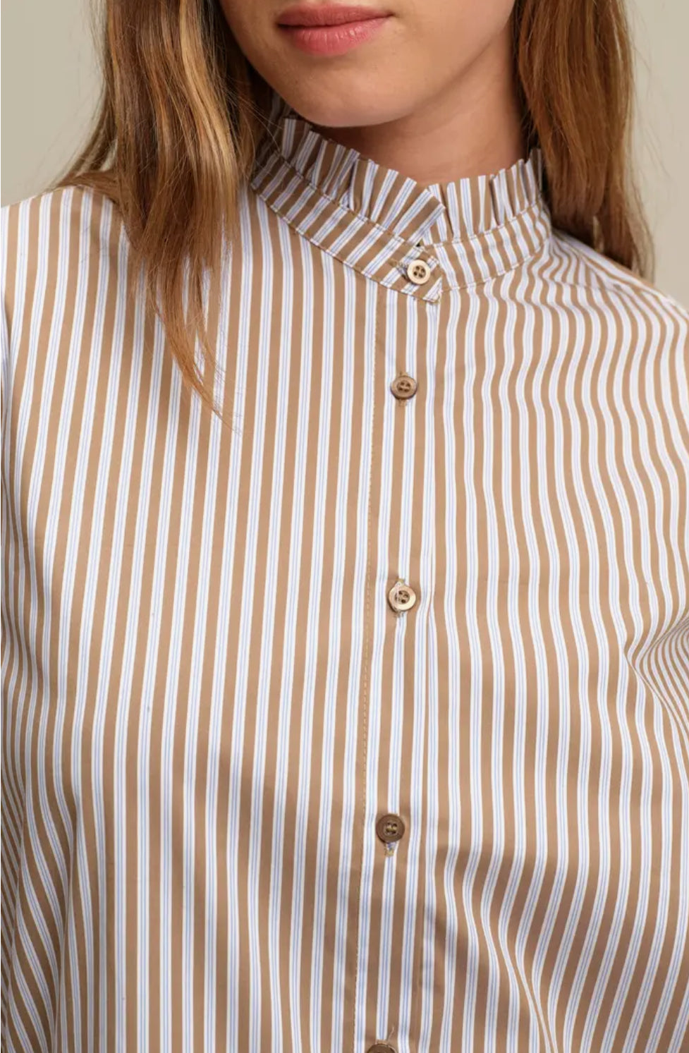 Oscar Ruffle Trim Stripe Cotton Blend Button-Up Shirt