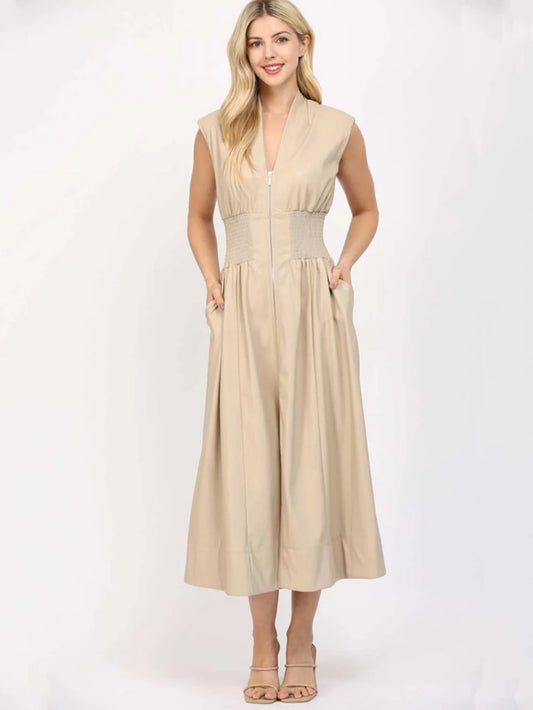 Smocked waist leather dress
