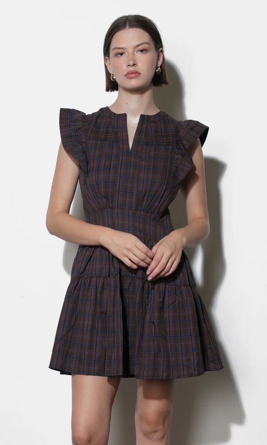 Marlo Plaid Ruffle Sleeve Mini Dress