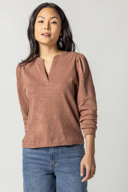 Shirred Long Sleeve Split Neck