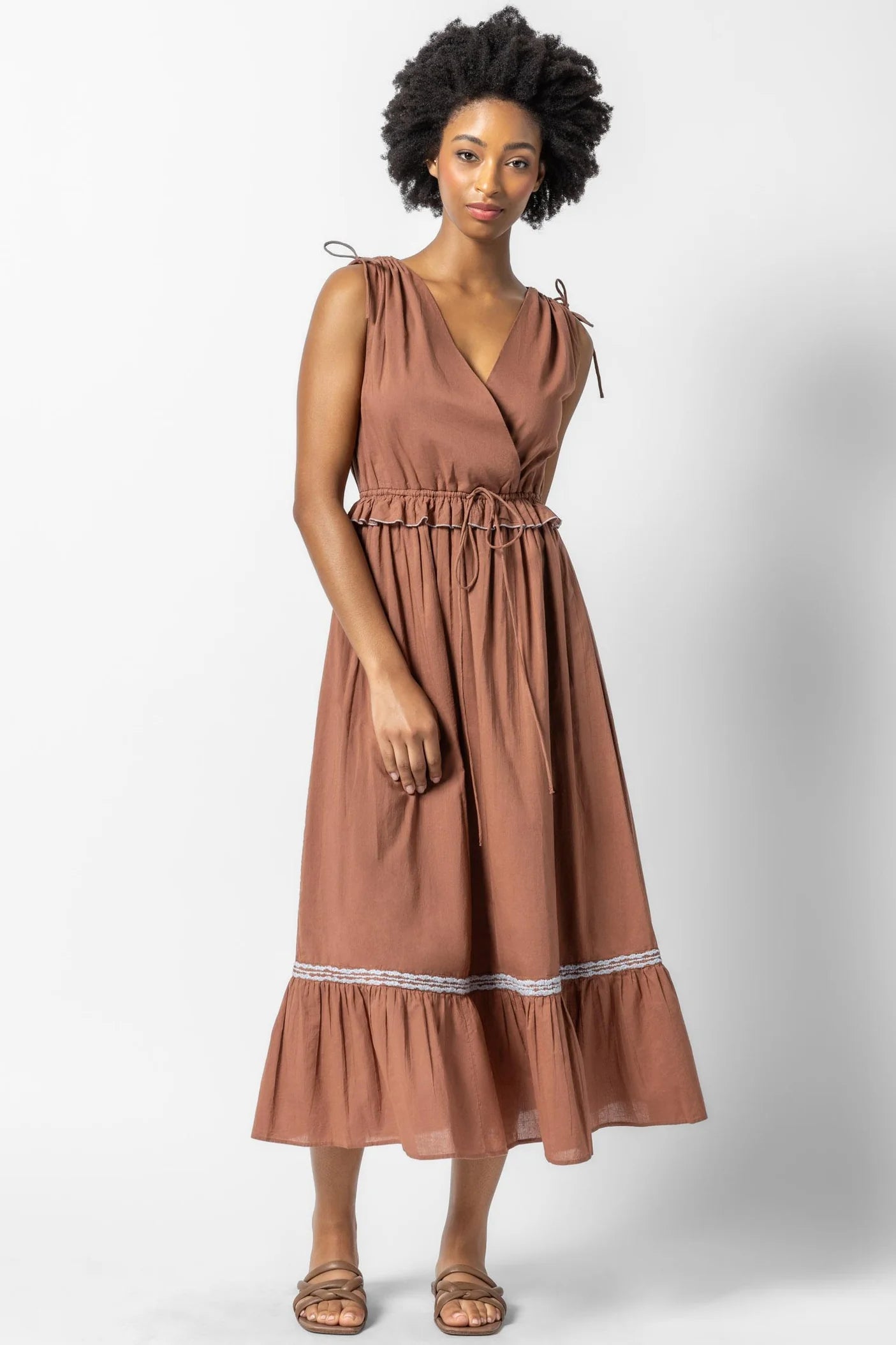 Gathered Waist V Neck Dress