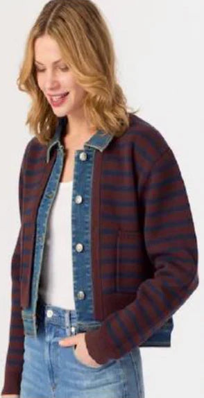 J Society Striped Trim Jean Jacket - Chocolate/Navy