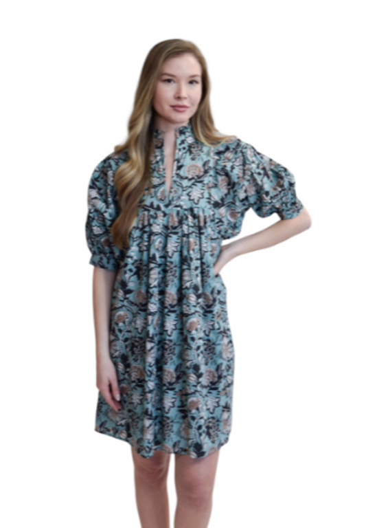 High Neck Dress Blue Block Print