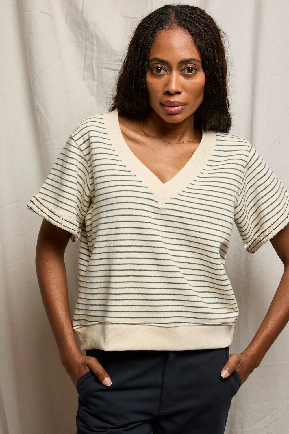 Briggs Stripe french terry v neck sweatshirt