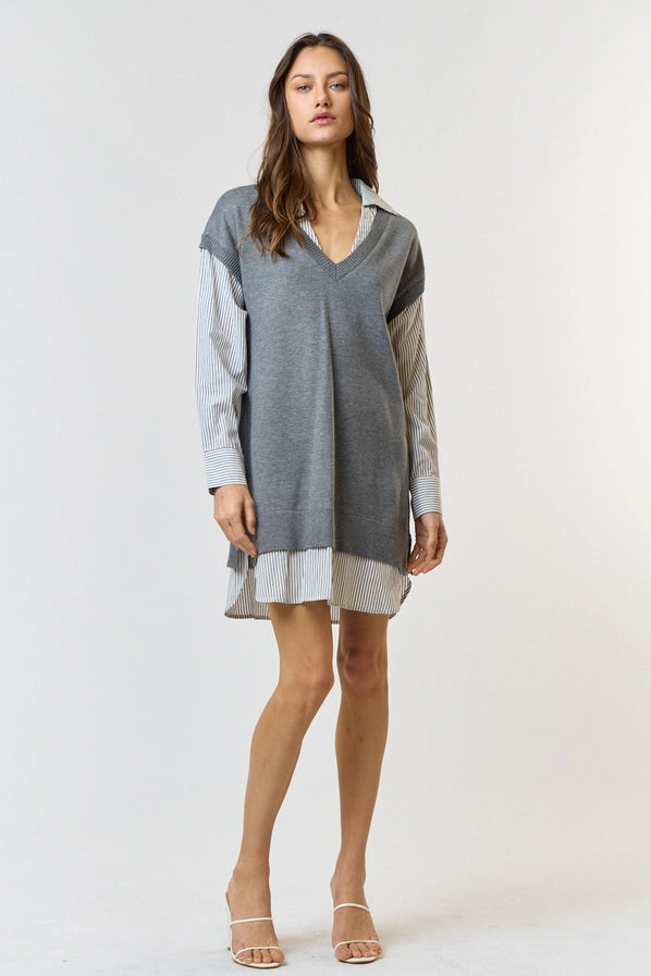 Sweater Vest & Striped Shirt Dress Combo OLIVIA RAE Sweater Vest & Striped Shirt Dress Combo OLIVIA RAE