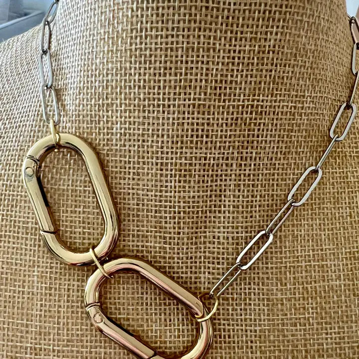Mixed Metal Double Carabiner Statement Necklace