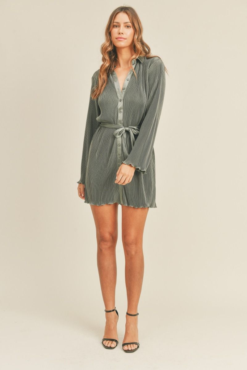 Pleated Belted Shirt Mini Dress