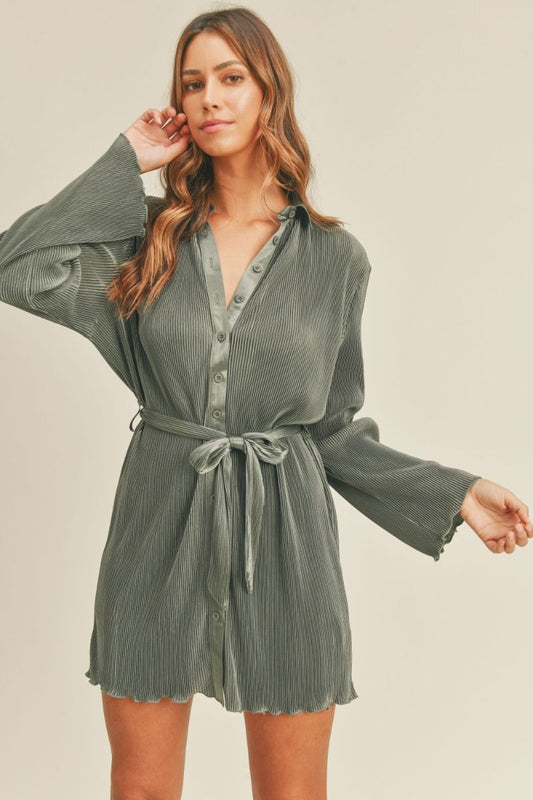 Pleated Belted Shirt Mini Dress