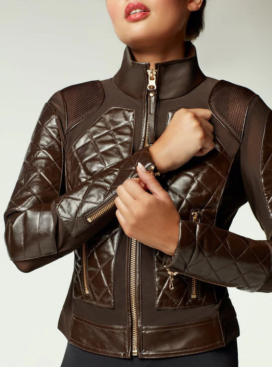 Leather Moto Mesh Jacket - Brown/Gold Trims