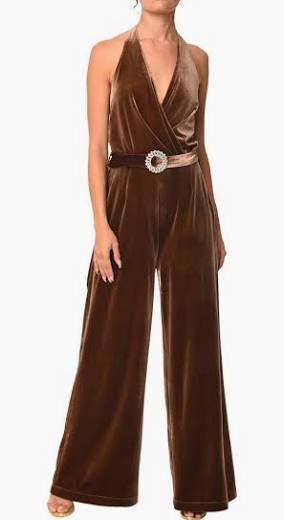 Brown Velvet Halter Neck Jumpsuit